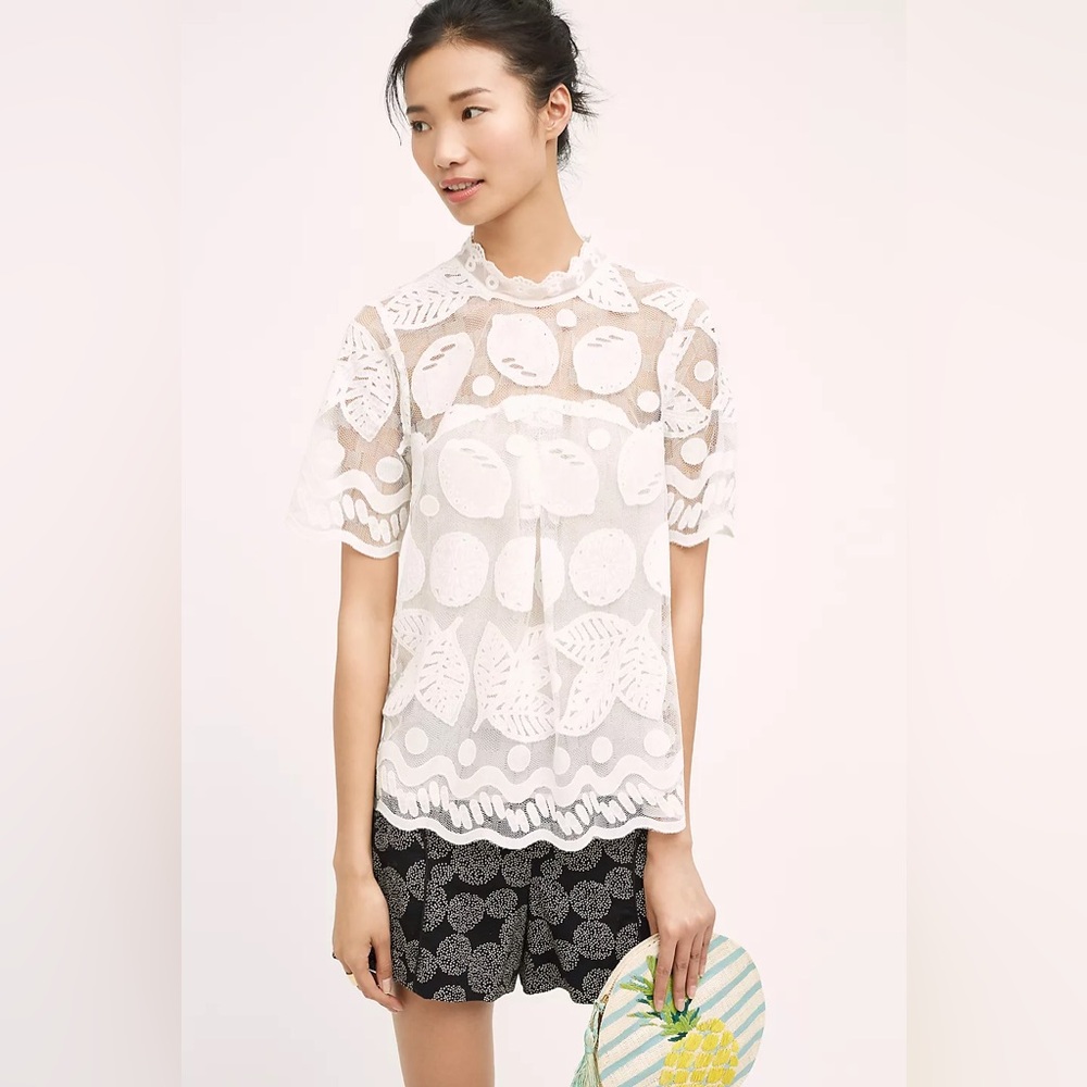 Anthropologie Cream Leaf Pattern Blouse